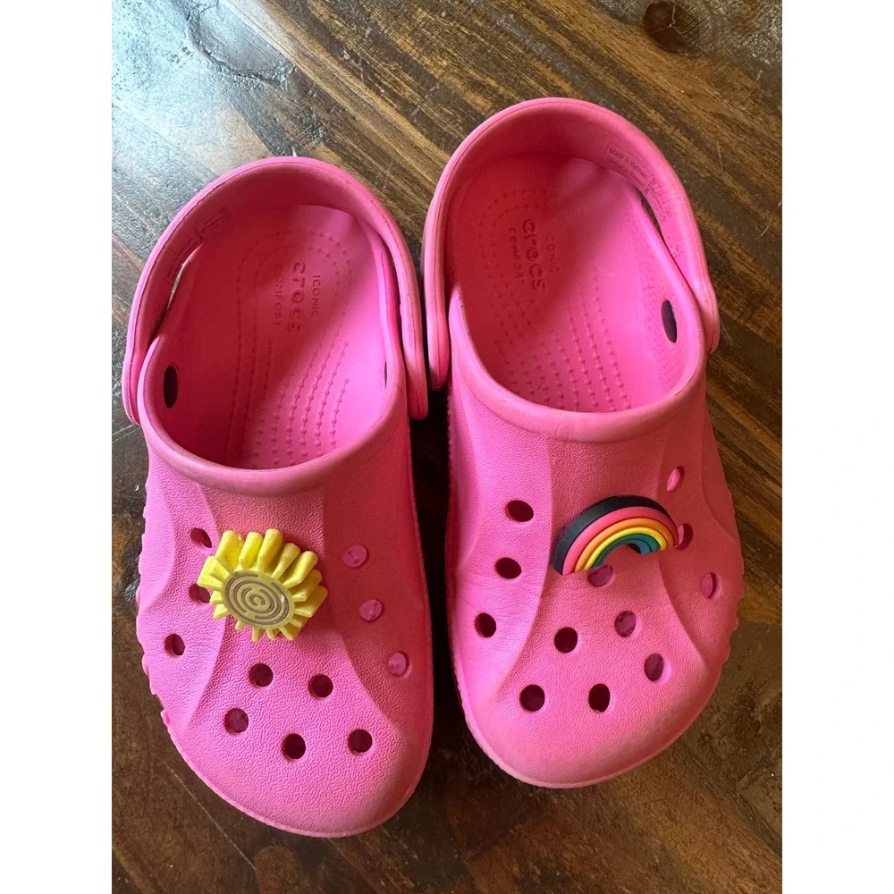 Crocs Baya Clog Kids Electric Pink Rainbow Sun Jibbitz Slip On Shoes C10 Toddler